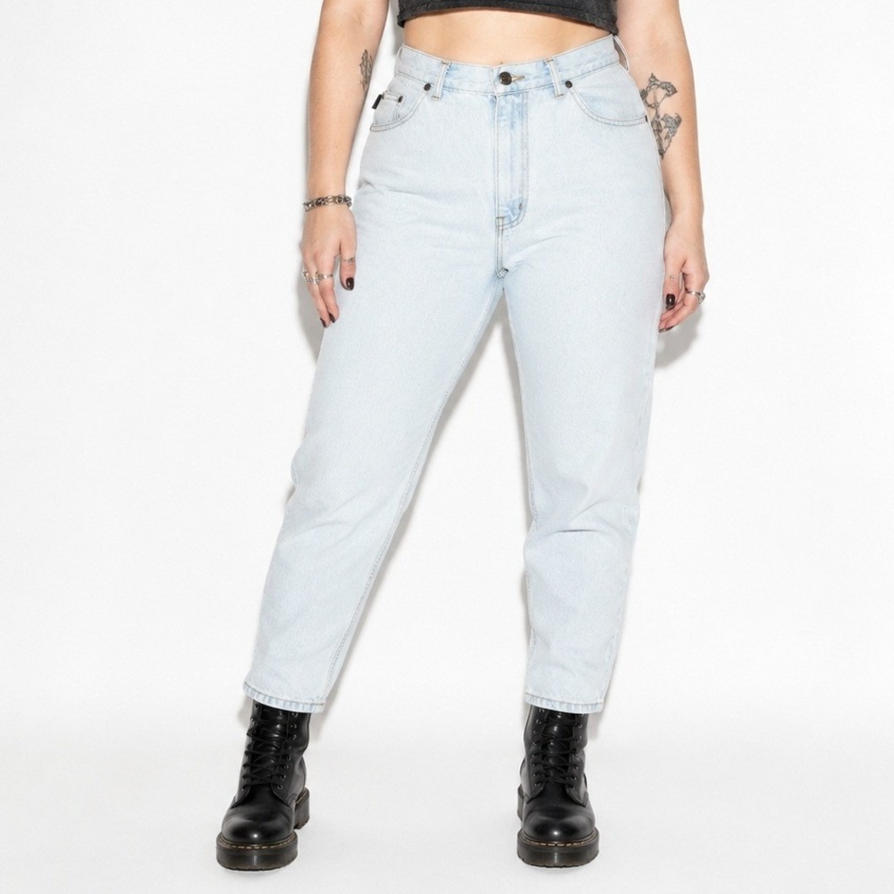 80s Vintage Chic Light Wash Jeans Womens 12 Grunge High Waist Tapered Leg Denim